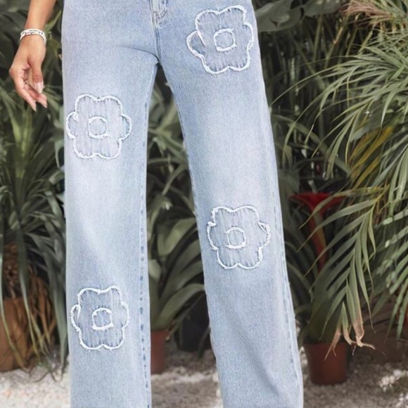 A022 Blue Flare Wide Leg Jeans with Embroidered Details - Picture 1 of 9